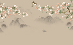 中式海棠水墨山水艺术创意玄关屏