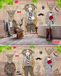 原创时尚动物木纹背景墙