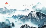 新中式蓝色水墨山水风景背景墙