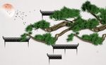 中式古镇松树浮雕背景墙