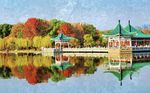现代油画城市风景东湖背景墙