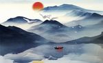 蓝色水墨山水倒影背景墙