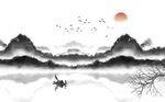 抽象水墨山水日出飞鸟背景墙