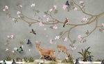 中式蝴蝶小鹿花鸟背景墙