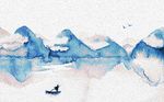 蓝色水墨山水倒影云雾背景墙