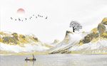 中式水墨金色国画抽象山背景墙