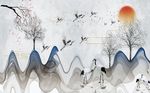 现代手绘抽象山水飞鹤背景墙