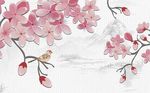 简约现代风粉色花枝小鸟背景墙