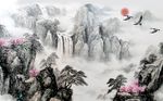 手绘水墨山水流水生财背景墙