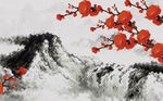 红色花枝创意山峦背景墙