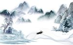 中式蓝色丝绸水墨山水画背景墙