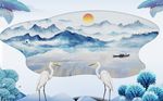 中式唯美油画山水画白鹭背景墙