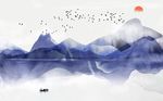 中式抽象山水小船红日背景墙