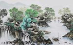 中国风山水瀑布江南风情背景墙