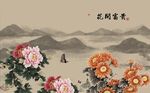 新中式牡丹花山水背景墙