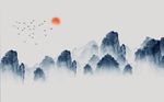 中式蓝色抽象山水背景墙