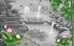 高楼风景绿色竹子荷花背景墙