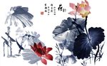 中式蓝色水墨荷花背景墙
