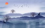 新中式山水小船小鹿背景墙