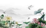 山水荷花小船背景墙
