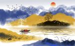 中式彩色墨韵水墨山水背景墙