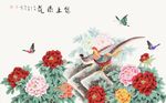 水墨手绘花鸟牡丹花开背景墙