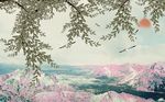 粉色山峦柳枝飞鸟背景墙