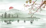 清新龙舟花枝山水风景背景墙