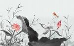 手绘水墨荷韵花蜻蜓背景墙