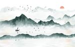 中式意境绿色水墨山水背景墙