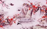 梅花山水飞鸟背景墙