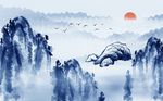 中式蓝色山峦意境背景墙