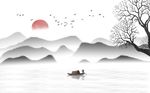 中式意境树枝山水飞鸟背景墙