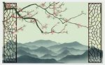 中式屏风花枝山脉背景墙