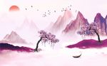 中式粉色意境山水背景墙