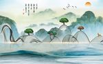中式抽象山水小鹿树背景墙
