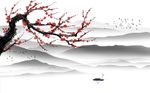 中式意境梅花山水飞鸟背景墙