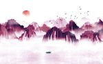 中式水墨山水飞鸟夕阳背景墙