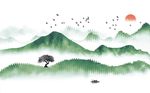 中式绿色绿色意境清山水背景墙
