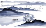中式蓝色水墨禅意山水背景墙