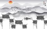 中式徽派建筑山水背景墙