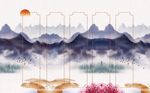 山水风景粉色花背景墙