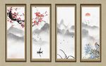 中式清新梅花渔船山水背景墙