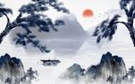 中式蓝色唯美山水风景画背景墙