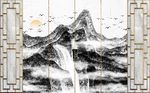 中式窗格水墨山水画背景墙