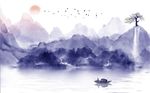 太阳飞鸟抽象山水背景墙