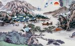 中式唯美山水画白鹤背景墙