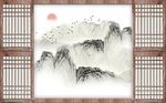 中式木框抽象意境山水背景墙