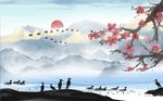 意境山水鸭子戏水风景背景墙