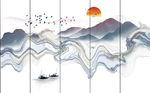 水墨线条抽象山水飞鸟背景墙
